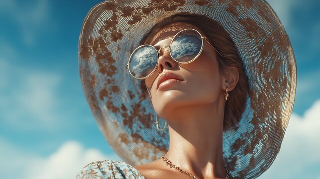 A beautiful smiling fashion model wearing a red hat and sunglasses enjoys a glamorous summer day by the water