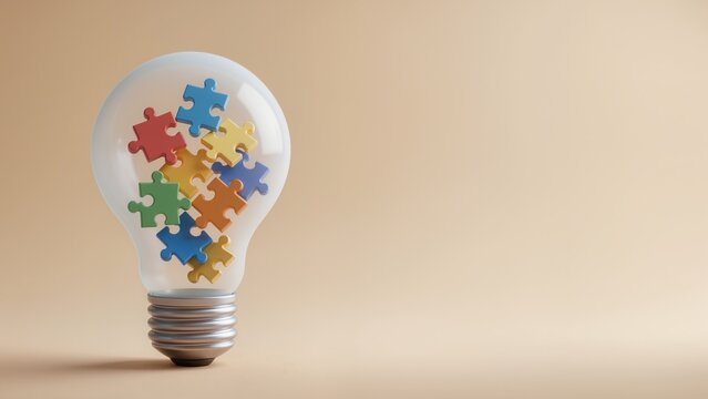 Light bulb filling with colorful puzzle pieces
