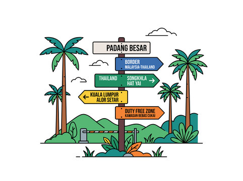 Illustrative signpost showing directions to Malaysia Thailand border crossing with duty free zone and various cities for travel journey