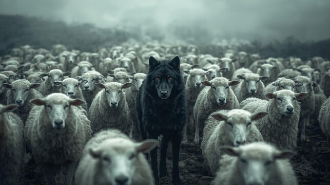 The watcher in the mist black wolf among white sheep