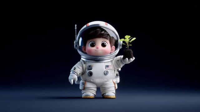 Space universe exploration, fantasy, mysterious. A stylized, 3D rendered illustration of a young astronaut.