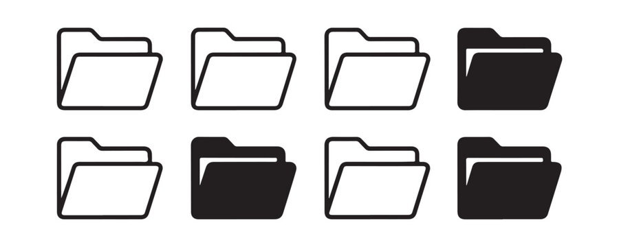 Set of file folder icons in outline and solid styles, black on transparent background.