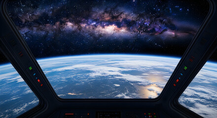 Naklejka premium View of earth and milky way galaxy from inside a spaceship cockpit window