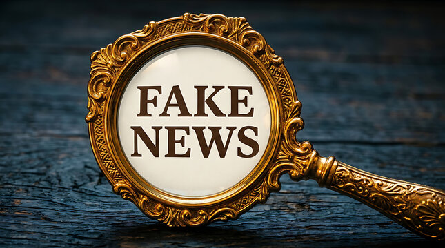 Ornate golden magnifying glass focused on the words fake news on a dark textured wooden background for media concept