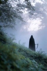 Obraz premium a grim reaper in a black robe, holding a scythe, walking through a forest on a hillside in the misty morning light.