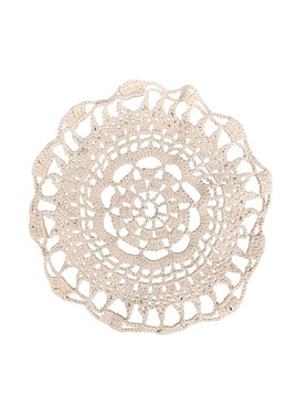 Delicate crochet lace doily handmade with white yarn on a transparent background
