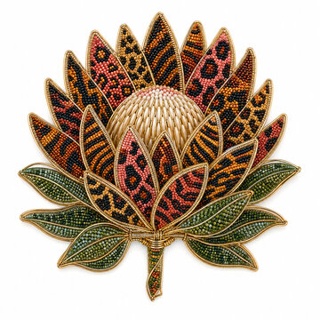 A protea flower brooch decorated with beads.