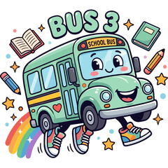 Fototapeta premium A cheerful green school bus with smiling face runs near rainbow and books