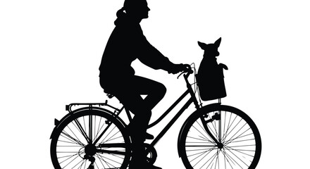 Fototapeta premium Silhouette of person riding bicycle with dog in basket on white background
