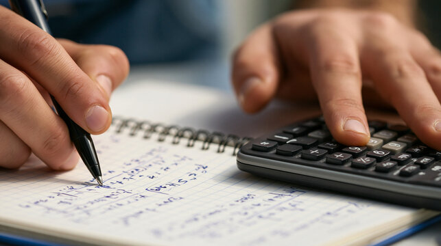 Efficient Study & Work: Closeup of Notebook, Calculator, Pen, and Documents in Organized Workspace for Education & Business Planning