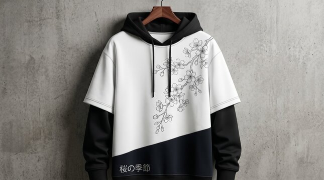Stylish layered hoodie with minimalist floral design on a neutral background, perfect for casual wear and modern fashion