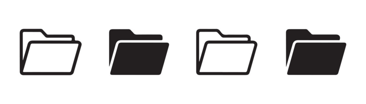 Set of file folder icons, document folders, and file icon in outline and solid style.