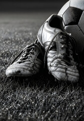 Rugby cleats and ball on grass field black and white