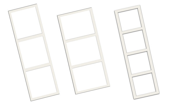 Three blank vertical photo film strip frames with shadows isolated on transparent background.
