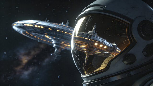 Astronaut visor reflecting space station