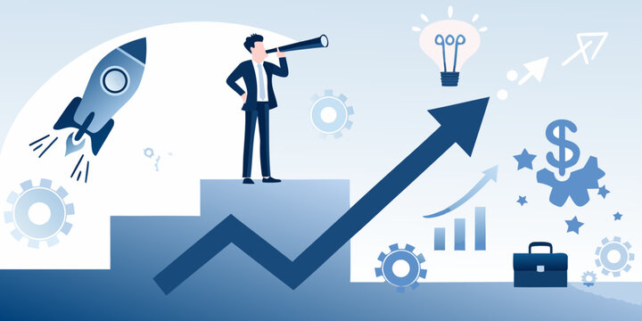 Business growth illustration with rocket man looking through telescope and upward trending graph high quality