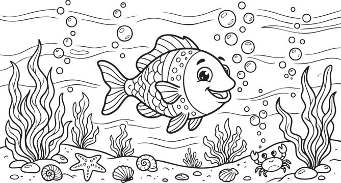 Smiling Fish Underwater Ocean Scene, Cute Animals Coloring Pages for Kids.