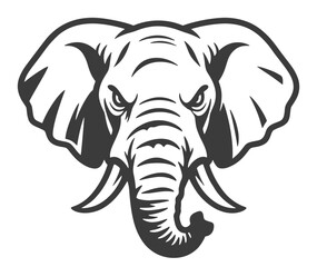 Obraz premium Angry elephant head mascot with tusks, monochrome vector illustration for safari wildlife or sports team logo