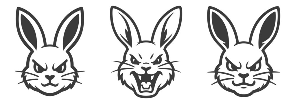 Angry rabbit heads set, monochrome vector illustration