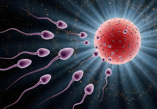 Sperm cells swimming toward a large red ovum in a dark space-like environment