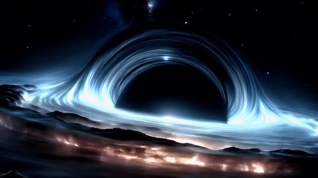 Black hole, fantasy, mysterious. A vivid digital artwork depicts a cosmic scene. A large, swirling vortex of light and shadow forms the center of the image.