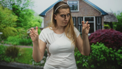 Fototapeta premium Woman making air quotes with fingers and skeptical expression in front of building entrance and garden; skepticism irony disbelief.