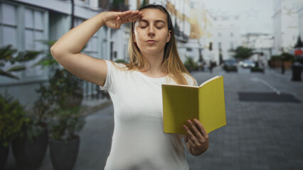 Fototapeta premium Woman salutes with raised right hand while reading a yellow notebook aloud on a cobbled city street lined with potted plants and parked cars; solemn pledge focus.