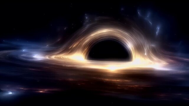 Black hole, fantasy, mysterious. A vivid digital artwork depicts a cosmic scene. A swirling vortex of light and shadow forms the central subject, resembling a black hole.