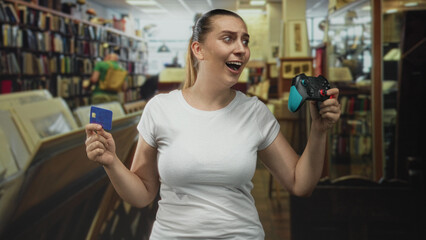 Woman holding a game controller and showing a blue credit card, mouth open in surprise inside a bookstore  impulse purchase excitement. © Krakenimages.com