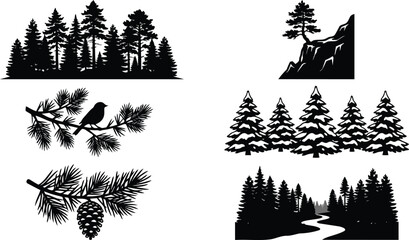 Detailed forest landscape elements featuring pine trees evergreen branches bird silhouette and winter woods collection designed as a professional vector illustration set for creative nature themed gra © maria 