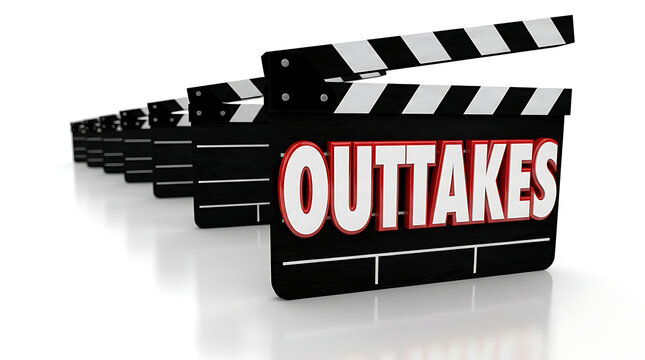 Outtakes clapperboards lined up, signifying behind-the-scenes footage and bloopers in film production