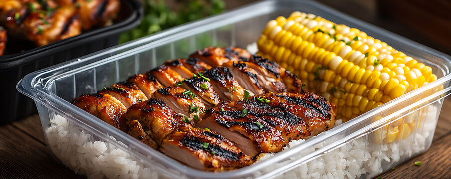 Grilled chicken breast slices served with fresh sweet corn cob in a clear plastic takeout container for healthy meal prep and office lunch delivery