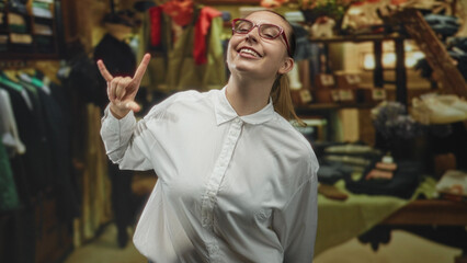 Fototapeta premium Woman showing rock hand gesture with glasses and white shirt in building clothing store aisle; joyful play.