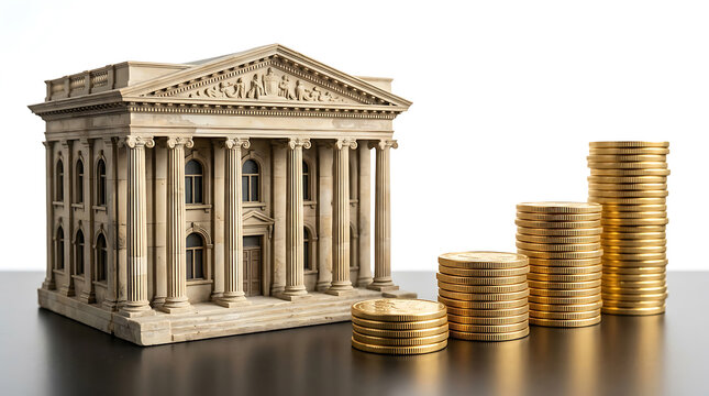 Miniature model of a classic bank building made of stone next to stacks of gold coins on a dark reflective surface