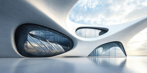 Fototapeta premium Modern Abstract Architectural Building with Organic Curves and Glass Facade