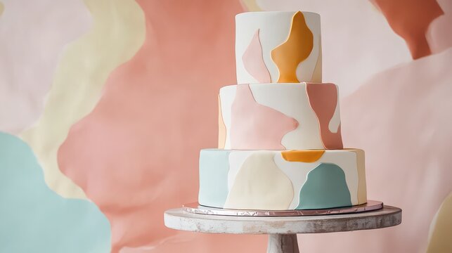 Minimalist cake with abstract pastel design on stand near window