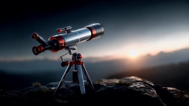 Space universe exploration, fantasy, mysterious. A highresolution digital artwork depicts a telescope mounted on a tripod atop a rocky outcrop. The telescope has a sleek.