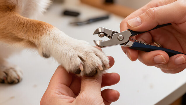 Premium closeup of pet groomer trimming dog nails with clipper tool, authentic professional dog grooming care concept, editorial pet service photography with copy space