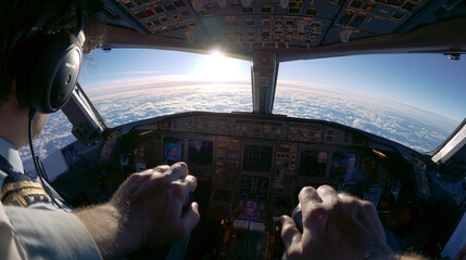 Fototapeta premium Pilot Operating Airliner in Scenic Cockpit at Sunset with Advanced Aviation Instruments and Precision Control
