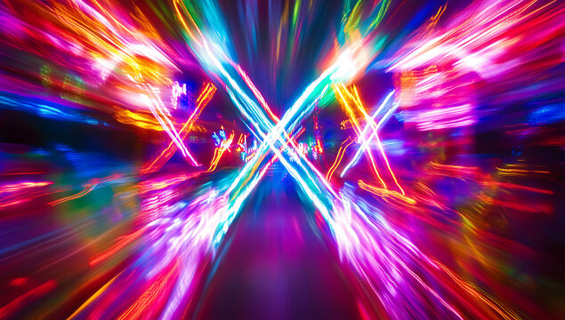 Abstract long exposure light trails creating a dynamic x shape with vibrant neon colors against a dark background, for modern digital concepts