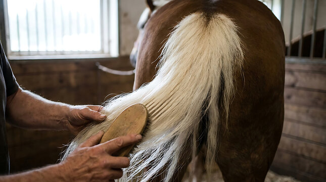 Person grooming a horse's tail with a brush in a stable