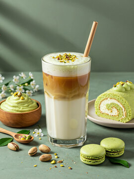 Creamy iced pistachio latte topped with crushed nuts and rich pistachio cream, served with macarons and cake on a green background