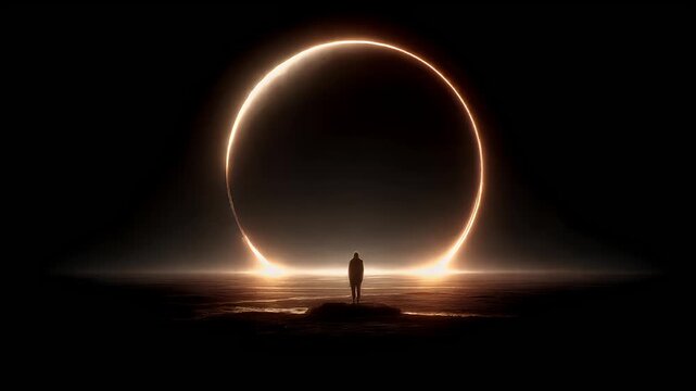Eclipse, fantasy, mysterious, supernatural. A dramatic, atmospheric depiction of a solitary figure standing on a rocky outcrop, gazing at a large, elongated, radiant ring of light.