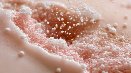 Fototapeta premium An extreme macro closeup of white foaming bubbles emerging from a skin pore during a deep salicylic acid cleansing treatment.