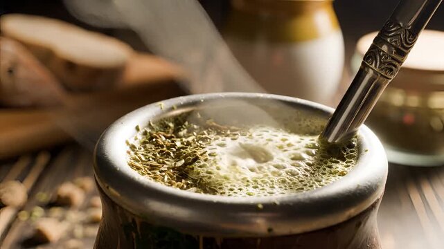 Closeup of traditional Yerba Mate drink preparation with bombilla.