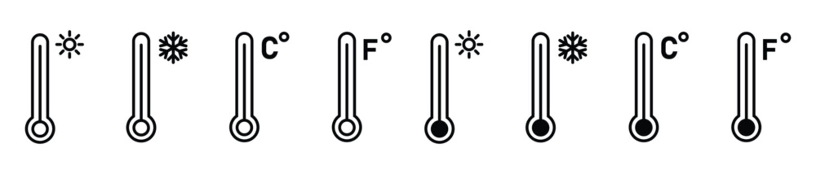 Clean minimalist temperature and weather condition icons showing hot cold Celsius Fahrenheit measurements on transparent background