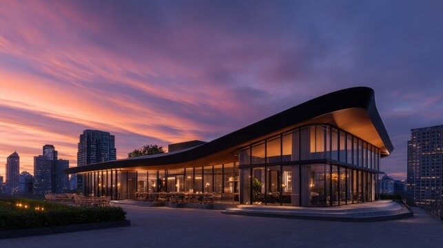 A modern architectural building with expansive glass walls, beautifully lit at sunset
