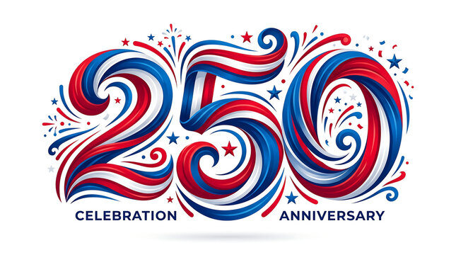USA 250th Independence Anniversary Celebration Typography with Patriotic Ribbons and Fireworks