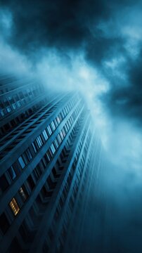 A towering building enveloped in misty clouds casts an eerie atmosphere under a moody sky