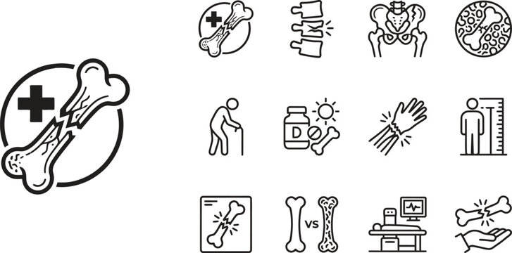 bone fracture and osteoporosis line icons